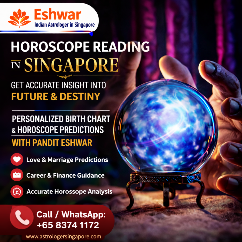 Daily, Weekly, and Monthly Horoscope Insights in Singapore Horoscope reading in Singapore is not limited to long-term predictions; it also helps in understanding daily, weekly, and monthly influences in your life. Pandit Eshwar provides detailed insights that help you stay prepared for upcoming situations. These regular horoscope updates can guide you in making better decisions, avoiding unnecessary risks, and taking advantage of favorable opportunities. Whether it is related to career, relationships, or finances, his guidance ensures that you remain aware and confident in your actions. Many individuals in Singapore rely on these insights to plan their routine and improve their overall lifestyle. Online Horoscope Reading in Singapore for Instant Guidance With modern technology, getting a horoscope reading in Singapore has become easier than ever. Pandit Eshwar offers online horoscope reading services that allow you to connect from anywhere. Whether you are at home, at work, or traveling, you can receive accurate predictions and guidance without any hassle. Online consultations are convenient, time-saving, and provide the same level of clarity as in-person sessions. This makes it easier for people with busy schedules to access professional astrology guidance whenever they need it. Benefits of Horoscope Reading for Better Decision Making Horoscope reading in Singapore is a powerful tool for making better life decisions. It helps you understand your strengths, weaknesses, and future possibilities. With the guidance of Pandit Eshwar, you can identify the right time to take important steps in life, such as career changes, investments, or personal commitments. Astrology provides a clear direction, reducing confusion and helping you move forward with confidence. Many people find that horoscope reading improves their decision-making ability and brings more stability to their lives.