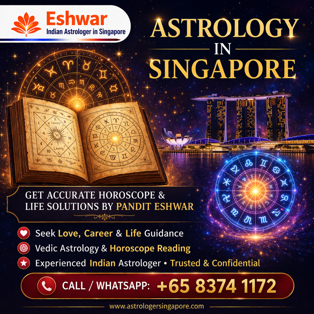 Astrology in Singapore has become an important part of life for many individuals who are looking for clarity, direction, and better decision-making in their personal and professional journeys. In a fast-paced city like Singapore, people often seek guidance to overcome challenges related to relationships, career growth, family matters, and financial stability. Pandit Eshwar is known as a trusted Indian astrologer in Singapore who offers traditional Vedic astrology insights to help individuals understand their life path and make confident choices. With years of experience and deep knowledge of ancient astrology practices, Pandit Eshwar has built a strong reputation among clients who value accurate readings and practical solutions. Vedic astrology is one of the oldest forms of astrology and is widely followed by people seeking meaningful guidance. Pandit Eshwar uses this traditional approach to analyze birth charts, planetary positions, and horoscope patterns. This helps in identifying both opportunities and challenges in a person’s life. Astrology in Singapore is not just about predicting the future but also about providing clarity and helping individuals take the right actions at the right time. Whether it is related to love marriage, family issues, or career confusion, Pandit Eshwar offers guidance that is easy to understand and apply in real life.