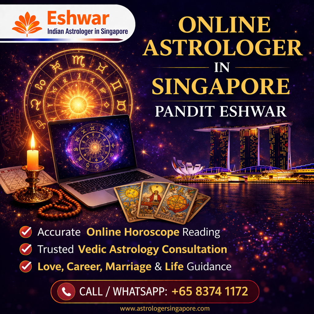 In Singapore’s fast-paced lifestyle, people are constantly looking for quick and effective solutions. Online astrology services provide a reliable way to get answers and guidance without delays. Pandit Eshwar has built a strong reputation as a trusted online astrologer in Singapore by providing honest and accurate consultations. His experience, knowledge, and dedication make him a preferred choice among clients who are looking for reliable astrology services. Choosing the right online astrologer in Singapore is important for getting accurate results. Pandit Eshwar is known for his commitment to helping people and providing practical guidance. His online astrology consultation is designed to be simple, clear, and effective. Whether it is related to love, marriage, career, or personal life, he offers solutions that are easy to follow and beneficial in the long term. If you are searching for an online astrologer in Singapore, best online astrologer Singapore, Indian astrologer online Singapore, or online horoscope reading Singapore, Pandit Eshwar offers trusted services that can help you find clarity and direction. Online astrology is a convenient and effective way to understand your life and make better decisions. With the right guidance, you can overcome challenges and achieve success in different areas of life. For online consultation, you can contact Pandit Eshwar through call or WhatsApp at +65 8374 1172. Take the first step towards understanding your life path and improving your future. With accurate online astrology services in Singapore, you can gain clarity, confidence, and peace of mind. Pandit Eshwar continues to help individuals find solutions and create a positive life through trusted online astrology guidance.