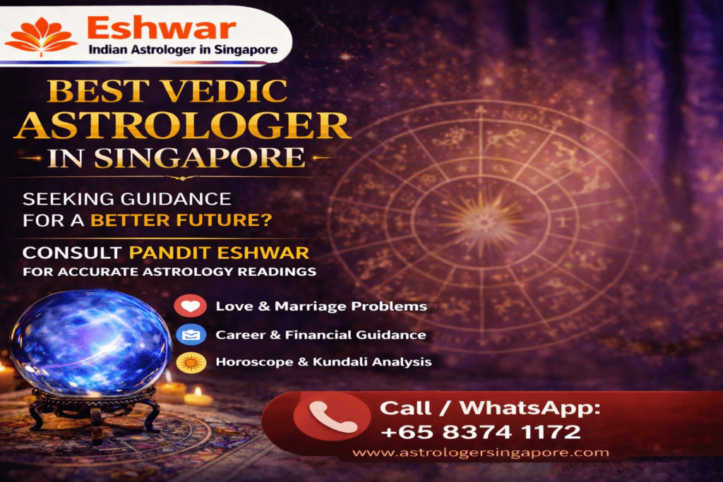 Best Vedic Astro Singapore for Life Clarity and Direction Pandit Eshwar is often regarded as one of the Best Vedic Astro Singapore due to his commitment to accuracy, honesty, and client satisfaction. His services are designed to provide complete clarity about life situations and future possibilities. As a reliable Astrologer in Singapore, he ensures that every consultation is handled with care and confidentiality. His experience as a Vedic Astrologer in Singapore allows him to analyze complex life situations and provide practical guidance that aligns with traditional astrology principles. Clients value his straightforward approach, where he provides clear insights without unnecessary complications. His aim is to help individuals gain confidence, reduce confusion, and make informed decisions about their future. With a strong reputation and a growing number of satisfied clients, Pandit Eshwar continues to be a preferred choice for those looking for trusted astrology guidance in Singapore.