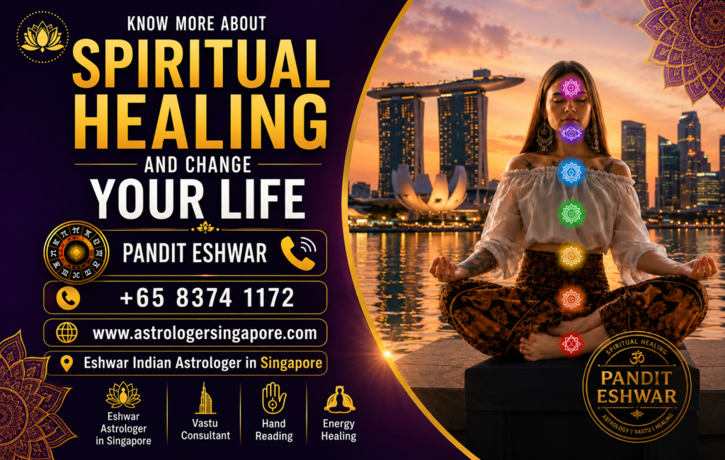 Spiritual Healing in Singapore – Transform Your Life with Positive Energy and Inner Peace Are you searching for Spiritual Healing in Singapore to overcome stress, negative energy, emotional pain, relationship problems, or personal challenges? Spiritual healing is a powerful practice that helps restore balance to the mind, body, and soul. With the guidance of Pandit Eshwar, many people have experienced positive transformation, emotional healing, and spiritual growth through effective healing techniques. In today's fast-paced world, people often struggle with anxiety, depression, negativity, lack of motivation, and emotional blockages. Spiritual Healing Singapore services can help remove these obstacles and bring peace, happiness, and positive energy into your life. Whether you are facing relationship issues, career problems, family conflicts, or spiritual disturbances, spiritual healing can help you regain control and achieve inner harmony. What is Spiritual Healing? Spiritual Healing is an ancient practice that focuses on balancing the body's energy centers and removing negative vibrations. It helps improve emotional well-being, mental clarity, and spiritual awareness. Through energy healing techniques, positive vibrations are transferred to help cleanse the mind and soul. People seeking energy healing in Singapore, chakra healing Singapore, holistic healing Singapore, and spiritual cleansing Singapore often turn to spiritual healing to improve their overall quality of life. The main purpose of spiritual healing is to: Remove negative energy Restore emotional balance Improve mental peace Enhance spiritual growth Increase positive vibrations Promote physical and emotional wellness Benefits of Spiritual Healing in Singapore Many individuals seek Spiritual Healing in Singapore because of its numerous benefits. Spiritual healing can positively impact every aspect of life. 1. Removes Negative Energy Negative energy can affect your thoughts, emotions, relationships, and career. Spiritual healing helps clear unwanted energies and replace them with positivity and confidence. 2. Chakra Healing and Balancing The human body contains energy centers known as chakras. Blocked chakras can cause emotional and physical discomfort. Chakra Healing Singapore helps balance these energy centers, allowing energy to flow freely. 3. Emotional Healing Past trauma, heartbreak, stress, and emotional pain can create energetic blockages. Spiritual healing helps release emotional burdens and promotes inner peace. 4. Mental Clarity People experiencing confusion, anxiety, or lack of focus often benefit from energy healing therapy Singapore. Healing sessions can improve concentration and mental stability. 5. Relationship Harmony Many relationship issues are influenced by emotional and energetic imbalances. Spiritual healing helps create understanding, trust, and harmony between partners. 6. Spiritual Growth Spiritual healing strengthens your connection with positive energies and helps you achieve greater self-awareness and spiritual development. Why Choose Spiritual Healing in Singapore? Singapore is a modern city where people experience high levels of work pressure, financial stress, and emotional challenges. As a result, many individuals seek alternative healing Singapore, holistic therapy Singapore, and spiritual wellness Singapore services. Spiritual healing offers a natural and non-invasive approach to improving mental, emotional, and spiritual well-being. Unlike temporary solutions, spiritual healing focuses on addressing the root cause of negativity and emotional imbalance. With the help of Pandit Eshwar, individuals can receive personalized spiritual guidance and healing solutions tailored to their specific concerns. Spiritual Healing Services Offered Energy Healing Singapore Energy healing works by removing negative vibrations and restoring positive energy flow throughout the body. This helps improve emotional health and spiritual well-being. Chakra Healing Singapore Chakra healing focuses on balancing the seven main energy centers of the body. Balanced chakras support physical health, emotional stability, and spiritual awareness. Aura Cleansing Singapore Aura cleansing helps remove accumulated negative energy from your energy field. A clean aura attracts positivity, happiness, and success. Spiritual Cleansing Singapore Spiritual cleansing helps eliminate spiritual blockages and unwanted energies that may be affecting your life. Meditation and Healing Meditation combined with spiritual healing promotes relaxation, mental clarity, and inner peace. Positive Energy Healing Singapore Positive energy healing helps increase confidence, optimism, motivation, and emotional resilience. Signs You May Need Spiritual Healing You may benefit from Spiritual Healing in Singapore if you experience: Constant stress and anxiety Negative thoughts Emotional instability Lack of motivation Frequent relationship conflicts Sleep disturbances Feeling spiritually disconnected Persistent bad luck Low self-confidence Emotional trauma Spiritual healing helps address these issues and restores balance to your life. How Spiritual Healing Works The healing process begins with understanding the individual's emotional, mental, and spiritual challenges. During a healing session, positive energy is directed toward the person to remove energetic blockages and restore harmony. The healing process may include: Chakra balancing Aura cleansing Energy alignment Spiritual guidance Meditation practices Positive energy transmission These techniques help create a sense of calm, clarity, and overall well-being. Spiritual Healing for Love and Relationships Many people seek spiritual healing for relationships in Singapore to improve communication, emotional connection, and trust. Relationship conflicts often arise due to unresolved emotional wounds and negative energy. Spiritual healing helps: Improve emotional understanding Strengthen relationships Reduce misunderstandings Increase positive communication Restore harmony and love Spiritual Healing for Career and Success Negative energy can sometimes affect professional growth and financial success. Spiritual healing helps clear mental blockages and improve focus, confidence, and decision-making abilities. Benefits include: Better career opportunities Increased confidence Enhanced productivity Positive mindset Improved financial outlook Why Choose Pandit Eshwar for Spiritual Healing in Singapore? Pandit Eshwar is known for providing guidance in spiritual wellness, energy balancing, and holistic healing. With years of experience helping people overcome emotional and spiritual challenges, he offers personalized solutions designed to bring positive change. Individuals seeking: Best Spiritual Healer in Singapore Energy Healing Singapore Chakra Healing Singapore Aura Cleansing Singapore Spiritual Cleansing Singapore Holistic Healing Singapore Positive Energy Healing Singapore Spiritual Wellness Singapore can benefit from professional guidance and healing sessions. Experience Positive Transformation Through Spiritual Healing If you are looking for effective Spiritual Healing in Singapore, now is the time to begin your journey toward peace, positivity, and personal transformation. Spiritual healing can help you overcome negativity, emotional stress, and energetic imbalances while promoting happiness, success, and spiritual growth. Whether you need energy healing in Singapore, chakra balancing, aura cleansing, holistic healing, spiritual cleansing, or positive energy therapy, spiritual healing can help restore harmony to your life. Connect with Pandit Eshwar – Eshwar Indian Astrologer in Singapore and experience the benefits of professional Spiritual Healing in Singapore to achieve inner peace, emotional wellness, and a brighter future.