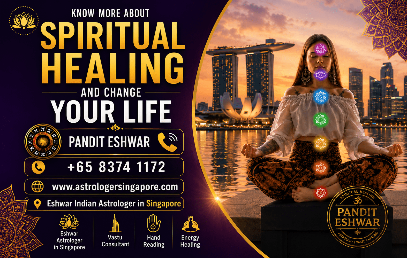 Spiritual Healing in Singapore – Transform Your Life with Positive Energy and Inner Peace Are you searching for Spiritual Healing in Singapore to overcome stress, negative energy, emotional pain, relationship problems, or personal challenges? Spiritual healing is a powerful practice that helps restore balance to the mind, body, and soul. With the guidance of Pandit Eshwar, many people have experienced positive transformation, emotional healing, and spiritual growth through effective healing techniques. In today's fast-paced world, people often struggle with anxiety, depression, negativity, lack of motivation, and emotional blockages. Spiritual Healing Singapore services can help remove these obstacles and bring peace, happiness, and positive energy into your life. Whether you are facing relationship issues, career problems, family conflicts, or spiritual disturbances, spiritual healing can help you regain control and achieve inner harmony. What is Spiritual Healing? Spiritual Healing is an ancient practice that focuses on balancing the body's energy centers and removing negative vibrations. It helps improve emotional well-being, mental clarity, and spiritual awareness. Through energy healing techniques, positive vibrations are transferred to help cleanse the mind and soul. People seeking energy healing in Singapore, chakra healing Singapore, holistic healing Singapore, and spiritual cleansing Singapore often turn to spiritual healing to improve their overall quality of life. The main purpose of spiritual healing is to: Remove negative energy Restore emotional balance Improve mental peace Enhance spiritual growth Increase positive vibrations Promote physical and emotional wellness Benefits of Spiritual Healing in Singapore Many individuals seek Spiritual Healing in Singapore because of its numerous benefits. Spiritual healing can positively impact every aspect of life. 1. Removes Negative Energy Negative energy can affect your thoughts, emotions, relationships, and career. Spiritual healing helps clear unwanted energies and replace them with positivity and confidence. 2. Chakra Healing and Balancing The human body contains energy centers known as chakras. Blocked chakras can cause emotional and physical discomfort. Chakra Healing Singapore helps balance these energy centers, allowing energy to flow freely. 3. Emotional Healing Past trauma, heartbreak, stress, and emotional pain can create energetic blockages. Spiritual healing helps release emotional burdens and promotes inner peace. 4. Mental Clarity People experiencing confusion, anxiety, or lack of focus often benefit from energy healing therapy Singapore. Healing sessions can improve concentration and mental stability. 5. Relationship Harmony Many relationship issues are influenced by emotional and energetic imbalances. Spiritual healing helps create understanding, trust, and harmony between partners. 6. Spiritual Growth Spiritual healing strengthens your connection with positive energies and helps you achieve greater self-awareness and spiritual development. Why Choose Spiritual Healing in Singapore? Singapore is a modern city where people experience high levels of work pressure, financial stress, and emotional challenges. As a result, many individuals seek alternative healing Singapore, holistic therapy Singapore, and spiritual wellness Singapore services. Spiritual healing offers a natural and non-invasive approach to improving mental, emotional, and spiritual well-being. Unlike temporary solutions, spiritual healing focuses on addressing the root cause of negativity and emotional imbalance. With the help of Pandit Eshwar, individuals can receive personalized spiritual guidance and healing solutions tailored to their specific concerns. Spiritual Healing Services Offered Energy Healing Singapore Energy healing works by removing negative vibrations and restoring positive energy flow throughout the body. This helps improve emotional health and spiritual well-being. Chakra Healing Singapore Chakra healing focuses on balancing the seven main energy centers of the body. Balanced chakras support physical health, emotional stability, and spiritual awareness. Aura Cleansing Singapore Aura cleansing helps remove accumulated negative energy from your energy field. A clean aura attracts positivity, happiness, and success. Spiritual Cleansing Singapore Spiritual cleansing helps eliminate spiritual blockages and unwanted energies that may be affecting your life. Meditation and Healing Meditation combined with spiritual healing promotes relaxation, mental clarity, and inner peace. Positive Energy Healing Singapore Positive energy healing helps increase confidence, optimism, motivation, and emotional resilience. Signs You May Need Spiritual Healing You may benefit from Spiritual Healing in Singapore if you experience: Constant stress and anxiety Negative thoughts Emotional instability Lack of motivation Frequent relationship conflicts Sleep disturbances Feeling spiritually disconnected Persistent bad luck Low self-confidence Emotional trauma Spiritual healing helps address these issues and restores balance to your life. How Spiritual Healing Works The healing process begins with understanding the individual's emotional, mental, and spiritual challenges. During a healing session, positive energy is directed toward the person to remove energetic blockages and restore harmony. The healing process may include: Chakra balancing Aura cleansing Energy alignment Spiritual guidance Meditation practices Positive energy transmission These techniques help create a sense of calm, clarity, and overall well-being. Spiritual Healing for Love and Relationships Many people seek spiritual healing for relationships in Singapore to improve communication, emotional connection, and trust. Relationship conflicts often arise due to unresolved emotional wounds and negative energy. Spiritual healing helps: Improve emotional understanding Strengthen relationships Reduce misunderstandings Increase positive communication Restore harmony and love Spiritual Healing for Career and Success Negative energy can sometimes affect professional growth and financial success. Spiritual healing helps clear mental blockages and improve focus, confidence, and decision-making abilities. Benefits include: Better career opportunities Increased confidence Enhanced productivity Positive mindset Improved financial outlook Why Choose Pandit Eshwar for Spiritual Healing in Singapore? Pandit Eshwar is known for providing guidance in spiritual wellness, energy balancing, and holistic healing. With years of experience helping people overcome emotional and spiritual challenges, he offers personalized solutions designed to bring positive change. Individuals seeking: Best Spiritual Healer in Singapore Energy Healing Singapore Chakra Healing Singapore Aura Cleansing Singapore Spiritual Cleansing Singapore Holistic Healing Singapore Positive Energy Healing Singapore Spiritual Wellness Singapore can benefit from professional guidance and healing sessions. Experience Positive Transformation Through Spiritual Healing If you are looking for effective Spiritual Healing in Singapore, now is the time to begin your journey toward peace, positivity, and personal transformation. Spiritual healing can help you overcome negativity, emotional stress, and energetic imbalances while promoting happiness, success, and spiritual growth. Whether you need energy healing in Singapore, chakra balancing, aura cleansing, holistic healing, spiritual cleansing, or positive energy therapy, spiritual healing can help restore harmony to your life. Connect with Pandit Eshwar – Eshwar Indian Astrologer in Singapore and experience the benefits of professional Spiritual Healing in Singapore to achieve inner peace, emotional wellness, and a brighter future.