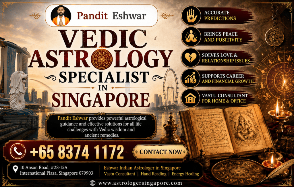 Best Vedic Astrologer in Singapore – Pandit Eshwar Trusted Vedic Astrologer in Singapore for Accurate Astrology Guidance If you are searching for the Best Vedic Astrologer in Singapore, Pandit Eshwar is a trusted name known for providing accurate astrology predictions and effective spiritual guidance. With years of experience in Vedic Astrology in Singapore, he has helped thousands of people overcome personal, relationship, career, financial, and family-related challenges through authentic Vedic wisdom and traditional remedies. Vedic astrology is an ancient Indian science that analyzes planetary positions and their influence on human life. As a renowned Vedic Astrologer in Singapore, Pandit Eshwar uses detailed horoscope analysis, birth chart reading, and personalized astrology consultations to provide practical solutions for life's problems. Whether you are facing relationship issues, marriage delays, career obstacles, financial struggles, or negative energies, he offers reliable guidance based on authentic Vedic principles. Why Choose Pandit Eshwar as the Best Vedic Astrologer in Singapore? Pandit Eshwar is widely recognized as one of the top Vedic astrologers in Singapore because of his accurate predictions, compassionate approach, and proven astrology remedies. His consultations are designed to help individuals gain clarity, confidence, and direction in life. Services Offered by Pandit Eshwar Vedic Astrology Consultation Horoscope Reading in Singapore Birth Chart Analysis Love and Relationship Solutions Marriage Astrology Consultation Career Astrology Guidance Financial Growth Predictions Kundli Matching Vastu Consultation for Home and Office Spiritual Healing Services Palm Reading Consultation Negative Energy Removal Family Problem Solutions Business Astrology Consultation As a professional Indian astrologer in Singapore, Pandit Eshwar combines traditional astrology knowledge with practical guidance to help clients make informed decisions about their future. Accurate Horoscope Reading in Singapore A horoscope is a powerful tool that reveals important information about your personality, strengths, challenges, and future opportunities. Pandit Eshwar provides detailed horoscope reading in Singapore using authentic Vedic astrology techniques. Through careful analysis of planetary positions and birth details, he can provide insights into: Career growth and job opportunities Marriage and relationship compatibility Financial stability and wealth prospects Health and well-being Family matters Education and business success His accurate horoscope readings have made him a preferred Vedic astrology specialist in Singapore among individuals seeking reliable answers to life's uncertainties. Love and Relationship Problem Solutions Love and relationships are among the most important aspects of life. Many individuals experience misunderstandings, trust issues, breakups, and emotional stress. Pandit Eshwar offers effective love problem solutions in Singapore through Vedic astrology. His astrology consultations help identify the root causes of relationship conflicts and provide remedies to improve harmony and understanding. Whether you need guidance for: Love marriage problems Relationship conflicts Breakup recovery Marriage delays Family objections Compatibility issues Pandit Eshwar offers personalized solutions designed to bring happiness and stability into your relationships. Marriage Astrology Consultation Marriage is a significant life event, and astrology can play an important role in ensuring compatibility and long-term happiness. As a trusted marriage astrologer in Singapore, Pandit Eshwar provides comprehensive marriage consultations. His services include: Kundli Matching Marriage Compatibility Analysis Marriage Delay Solutions Relationship Guidance Family Harmony Remedies With his expertise in Vedic astrology, he helps individuals make informed decisions regarding marriage and relationships. Career and Financial Astrology Guidance Many people seek astrology guidance to improve their professional and financial lives. As an experienced career astrologer in Singapore, Pandit Eshwar helps clients understand their career potential and opportunities. His career astrology consultations provide guidance on: Job changes Business growth Career advancement Professional success Financial planning Wealth creation opportunities Through detailed planetary analysis, he identifies favorable periods for growth and provides remedies to overcome obstacles. Vastu Consultation for Home and Office Vastu Shastra is an ancient Indian architectural science that promotes positive energy and harmony. Pandit Eshwar offers professional Vastu consultation in Singapore for homes, offices, and commercial properties. Proper Vastu alignment can help: Improve financial stability Enhance career growth Strengthen family relationships Increase business success Create positive energy His Vastu recommendations are practical, effective, and based on traditional principles. Spiritual Healing and Energy Balancing Negative energies, stress, and emotional challenges can affect various aspects of life. Pandit Eshwar provides powerful spiritual healing in Singapore to restore balance and positivity. His spiritual healing services focus on: Energy cleansing Emotional healing Mental peace Positive energy enhancement Stress reduction Spiritual growth Many clients have experienced improved well-being and renewed confidence after receiving spiritual healing guidance from Pandit Eshwar. Palm Reading in Singapore Palm reading is another valuable method for understanding a person's character, strengths, and future possibilities. As an experienced palm reader in Singapore, Pandit Eshwar provides detailed palmistry consultations. Palm reading can reveal insights related to: Career prospects Love life Marriage Financial growth Health tendencies Personal development His expertise in palmistry complements his Vedic astrology consultations, providing a more comprehensive understanding of an individual's life path. Benefits of Consulting a Vedic Astrologer in Singapore Choosing an experienced Vedic Astrologer in Singapore can help you: Gain clarity about your future Understand life's challenges Improve relationships Make better career decisions Enhance financial growth Achieve emotional balance Create positive life changes Pandit Eshwar's personalized approach ensures that every consultation is tailored to the unique needs of each individual. Contact the Best Vedic Astrologer in Singapore If you are looking for a reliable and experienced Best Vedic Astrologer in Singapore, Pandit Eshwar is committed to helping you achieve peace, success, and happiness through authentic Vedic astrology. His accurate predictions, effective remedies, and compassionate guidance have made him a trusted choice for individuals across Singapore. Whether you need horoscope reading in Singapore, marriage astrology consultation, career guidance, love problem solutions, Vastu consultation, spiritual healing, or palm reading, Pandit Eshwar provides professional and personalized services to support your journey toward a better future. Visit: www.astrologersingapore.com Call: +65 8374 1172 Experience the wisdom of authentic Vedic astrology and discover why many people consider Pandit Eshwar the Best Vedic Astrologer in Singapore for accurate predictions, effective remedies, and life-changing guidance.