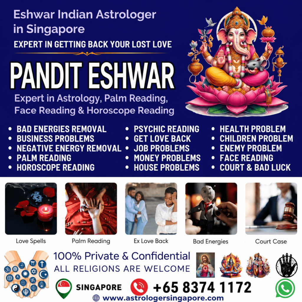 Astrologer in Singapore – Trusted Indian Astrology Services by Pandit Eshwar Are you searching for the best astrologer in Singapore who can guide you through life's challenges with accurate predictions and practical remedies? Welcome to Pandit Eshwar, a trusted Indian astrologer in Singapore offering authentic Vedic astrology in Singapore, Nadi astrology, horoscope reading, palm reading, face reading, and psychic reading. With years of experience and thousands of satisfied clients, Pandit Eshwar has become a trusted name for people seeking genuine astrology guidance in Singapore. Whether you are struggling with love problems, marriage issues, career confusion, financial setbacks, family disputes, or negative energy, our personalized astrology consultation in Singapore helps you understand your life path and discover effective spiritual solutions. Every consultation is conducted privately and confidentially, ensuring complete comfort and trust. Best Astrologer in Singapore for Accurate Life Guidance Life often presents unexpected challenges that leave us confused and uncertain. Consulting an experienced astrologer in Singapore can help you gain clarity through detailed horoscope analysis and planetary interpretations. Pandit Eshwar is recognized as one of the best astrologers in Singapore because he combines traditional Indian astrology with modern consultation methods. His readings focus on identifying the root cause of problems instead of offering temporary solutions. Every prediction is based on your birth chart, planetary positions, and ancient Vedic astrology principles. If you are searching online for: Astrologer in Singapore Best Astrologer in Singapore Indian Astrologer in Singapore Astrology in Singapore Vedic Astrologer in Singapore Tamil Astrologer in Singapore Astrology Consultation Singapore Astrologer Near Me Singapore Pandit Eshwar offers trusted and personalized consultations designed to help you make better decisions in every area of life. Professional Astrology in Singapore for Every Life Problem Astrology is more than predicting the future. It is a powerful science that helps you understand your strengths, weaknesses, karma, and future opportunities. Pandit Eshwar provides complete astrology services in Singapore, including: Horoscope Reading Singapore Palm Reading Singapore Face Reading Singapore Psychic Reading Singapore Tarot Reading Singapore Love Problem Solution Singapore Love Marriage Specialist Singapore Get Ex Love Back Singapore Career Astrology Singapore Business Astrology Singapore Marriage Compatibility Health Astrology Family Problem Solution Money Problem Solution Child Problem Guidance Court Case Astrology Vastu Consultation Spiritual Healing Negative Energy Removal Black Magic Removal Curse Removal Evil Eye Removal Every consultation is tailored according to your birth details and present circumstances to provide meaningful insights and practical guidance. Trusted Indian Astrologer in Singapore Finding a genuine Indian astrologer in Singapore can be difficult. Pandit Eshwar follows authentic Vedic astrology traditions that have been practiced in India for generations. His expertise includes: Vedic Astrology Nadi Astrology Horoscope Analysis Palmistry Face Reading Psychic Reading Spiritual Guidance Unlike generic online predictions, every consultation is based on detailed horoscope analysis, ensuring greater accuracy and personalized recommendations. Vedic Astrology in Singapore Vedic astrology studies the influence of planetary movements on different aspects of life. Through careful examination of your birth chart, Pandit Eshwar provides guidance regarding: Love and relationships Marriage compatibility Career opportunities Financial growth Health concerns Business success Education Family happiness Spiritual development Many people seeking Vedic astrology in Singapore trust Pandit Eshwar because of his deep knowledge and practical approach to solving complex life situations. Palm Reading and Face Reading in Singapore Your hands and facial features reveal valuable information about your personality, strengths, future opportunities, and hidden challenges. Pandit Eshwar offers professional: Palm Reading Singapore Face Reading Singapore Hand Reading Singapore These readings help you understand your career path, relationships, health, finances, and future possibilities while providing practical advice for personal growth. Horoscope Reading Singapore Your horoscope serves as a roadmap of your life. Through accurate horoscope reading in Singapore, Pandit Eshwar helps you understand: Current planetary influences Upcoming opportunities Career growth Marriage prospects Love compatibility Financial improvements Health concerns Lucky periods Important life decisions A detailed horoscope reading provides clarity and confidence for making better choices in every stage of life. Love Problem Solution in Singapore Relationship problems can cause emotional stress and uncertainty. If you are facing: Breakups One-sided love Family objections Marriage delays Relationship misunderstandings Divorce issues Lost love Trust issues Pandit Eshwar offers personalized love problem solutions in Singapore through astrology guidance and spiritual remedies. Many clients also seek help for: Love Marriage Specialist Singapore Get Ex Love Back Singapore Relationship Astrology Singapore Marriage Astrology Singapore His consultations focus on restoring harmony and improving relationships through positive guidance. Psychic Reading in Singapore Psychic reading helps individuals gain deeper insight into their emotions, future possibilities, and important life decisions. Pandit Eshwar offers professional psychic reading in Singapore for people seeking answers regarding: Love life Career Marriage Business Personal growth Family concerns Future planning His psychic consultations provide clarity and confidence during uncertain situations. Spiritual Healing and Negative Energy Removal Sometimes repeated failures, emotional stress, financial loss, or family conflicts may leave individuals feeling overwhelmed. Pandit Eshwar provides spiritual guidance for: Spiritual Healing Singapore Negative Energy Removal Singapore Black Magic Removal Singapore Curse Removal Singapore Evil Eye Removal Singapore Positive Energy Healing These services are intended to support emotional well-being and spiritual balance through traditional practices. Why Choose Pandit Eshwar? People across Singapore choose Pandit Eshwar because he offers: Experienced Indian Astrologer in Singapore Accurate Horoscope Analysis Personalized Astrology Consultation Confidential One-to-One Sessions Traditional Vedic Astrology Nadi Astrology Expertise Palm Reading and Face Reading Psychic Reading Services Practical Spiritual Guidance Friendly and Professional Consultation Online and In-Person Appointments Every consultation is conducted with honesty, respect, and complete privacy. Book Your Astrology Consultation in Singapore If you are searching for the best astrologer in Singapore, Indian astrologer near me, Vedic astrologer in Singapore, or reliable astrology in Singapore, Pandit Eshwar is here to guide you. Whether you need help with love, marriage, career, business, family matters, finances, horoscope reading, palm reading, or spiritual guidance, personalized consultations can help you understand your life's direction with greater confidence. Take the first step toward clarity and positive change by booking your consultation with Pandit Eshwar today. Discover why so many people trust his astrology services in Singapore for accurate guidance, practical remedies, and compassionate support.