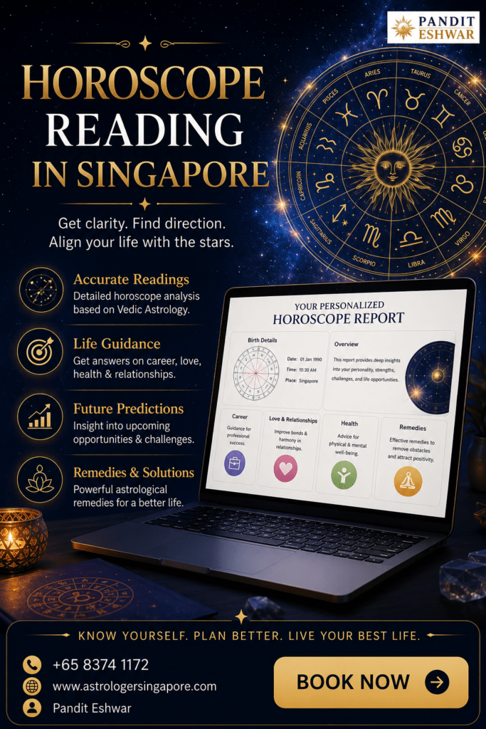 Horoscope Reading in Singapore – Find Clarity About Your Future with Pandit Eshwar Life is full of important decisions, unexpected challenges, and opportunities that shape our future. Whether you are planning your career, searching for true love, preparing for marriage, or looking for financial stability, understanding your horoscope can provide valuable insights. If you are searching for Horoscope Reading in Singapore, Pandit Eshwar offers professional Vedic horoscope analysis based on ancient Indian astrology. With years of experience helping clients across Singapore and around the world, Pandit Eshwar combines traditional Vedic astrology with personalized guidance to help individuals understand their strengths, challenges, and future possibilities. Every horoscope reading is carefully prepared using your exact birth details to provide accurate and meaningful insights. Vedic astrology commonly interprets planetary positions and birth charts as part of its traditional practice, though its predictive claims are matters of personal belief rather than scientific consensus. Why Choose Pandit Eshwar for Horoscope Reading in Singapore? Choosing the right astrologer is important because your horoscope is unique. Pandit Eshwar believes every consultation should be detailed, confidential, and focused on practical guidance. What Makes Pandit Eshwar Different? Personalized Horoscope Analysis Traditional Vedic Astrology Accurate Birth Chart Reading Online & Phone Consultations Love, Marriage & Career Guidance Business Astrology Health Horoscope Insights Spiritual Remedies Confidential Consultation Friendly Professional Advice Unlike automated horoscope apps, every report is individually prepared after carefully studying your birth chart and planetary positions. What is Horoscope Reading? Horoscope reading is the study of your birth chart based on: Date of Birth Time of Birth Place of Birth These details help create your Janam Kundli (Birth Chart), which astrologers interpret according to Vedic astrology traditions. The horoscope is believed to indicate life patterns, strengths, challenges, and favorable periods for different aspects of life. Your horoscope may provide guidance regarding: Career Growth Marriage Love Relationships Education Family Life Financial Stability Health Business Success Spiritual Growth Lucky Time Periods Benefits of Horoscope Reading in Singapore Many professionals, students, business owners, and families in Singapore seek horoscope guidance before making important decisions. Career Guidance Confused about changing jobs? Planning to work overseas? Thinking about starting a business? Your horoscope can highlight favorable periods and potential challenges according to Vedic astrological interpretation. Love & Relationship Reading Many people seek horoscope readings to understand: Compatibility Relationship challenges Marriage prospects Family life Emotional balance A personalized reading can help you reflect on relationship dynamics and timing from an astrological perspective. Marriage Horoscope Marriage is one of life's biggest milestones. Pandit Eshwar provides horoscope analysis for: Marriage timing Compatibility Delays in marriage Relationship harmony Family life Financial Horoscope Your horoscope may provide insights into: Wealth opportunities Investment timing Career income Business expansion Financial planning Health Horoscope Astrology is not a substitute for medical care, but some people use it as a complementary spiritual tool for understanding periods they believe may require greater attention to wellbeing. Detailed Horoscope Reading Includes Every horoscope consultation includes a detailed analysis of: Birth Chart Analysis A complete study of your birth chart. Planetary Positions Understanding the influence of major planets according to Vedic astrology. Career Horoscope Job opportunities Promotion Business Foreign opportunities Professional growth Marriage Horoscope Marriage timing Compatibility Relationship analysis Future married life Financial Horoscope Income Savings Business Investments Financial growth Health Horoscope General wellness trends interpreted through astrology, alongside recommended spiritual practices where appropriate. Lucky Elements Lucky Numbers Lucky Colours Auspicious Days Favorable Time Periods Online Horoscope Reading in Singapore Busy schedule? No problem. Pandit Eshwar offers online horoscope reading for clients throughout Singapore. Consultations are available through: Phone Call Video Call WhatsApp Online Consultation This allows clients to receive personalized guidance without visiting in person. Who Can Benefit from Horoscope Reading? Horoscope reading can be useful for people seeking personal reflection or spiritual guidance, including: Students Professionals Business Owners Married Couples Singles Entrepreneurs Working Professionals NRIs Families Vedic Horoscope Reading by Pandit Eshwar Vedic astrology has been practiced for thousands of years and focuses on the positions of planets at the time of birth. Pandit Eshwar follows traditional Vedic methods to analyze: Lagna (Ascendant) Moon Sign Planetary Strength Dasha Periods Transit Analysis Yogas Doshas Remedies Every consultation is personalized rather than based on generic daily horoscope predictions. Remedies Suggested by Pandit Eshwar Where appropriate within Vedic astrology traditions, Pandit Eshwar may recommend spiritual practices such as: Mantras Meditation Charity Temple prayers Gemstone guidance Yantras Spiritual rituals These are offered as traditional spiritual practices and should not replace professional medical, legal, or financial advice. Why People in Singapore Trust Pandit Eshwar Clients appreciate Pandit Eshwar for: Personalized consultations Traditional Vedic knowledge Clear explanations Professional guidance Online convenience Respectful and confidential service Frequently Asked Questions How accurate is horoscope reading? Horoscope readings are based on traditional Vedic astrology and depend on accurate birth details. They are intended for spiritual guidance and personal reflection rather than guaranteed predictions. What details are required? Date of Birth Time of Birth Place of Birth Can I get online consultation? Yes. Online horoscope reading is available for clients across Singapore through phone or video consultation. Can horoscope reading help with career and marriage decisions? Many people use horoscope readings as an additional perspective when considering important life decisions, alongside their own judgment and practical advice. Book Your Horoscope Reading in Singapore Today If you are looking for an experienced Horoscope Reader in Singapore, Pandit Eshwar offers personalized Vedic horoscope consultations designed to help you better understand your life path and make informed decisions with confidence. Whether you need guidance for career, love, marriage, business, family, education, finances, or personal growth, your birth chart can provide meaningful insights rooted in traditional Vedic astrology. Pandit Eshwar Website: https://astrologersingapore.com/ Service: Horoscope Reading in Singapore Phone: +65 8374 1172
