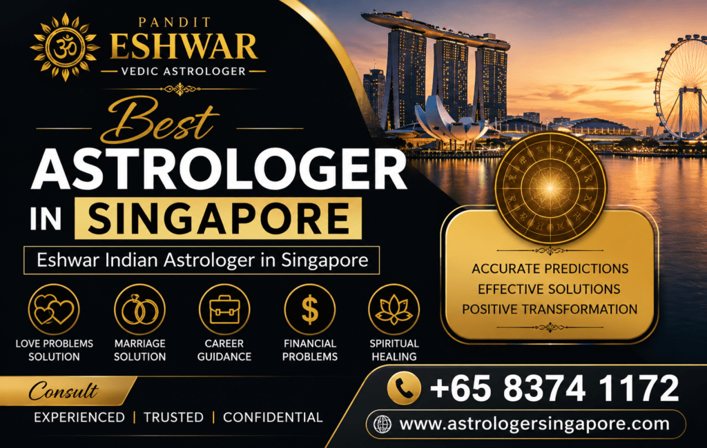 Best Astrologer in Singapore – Trusted Vedic Astrology Guidance by Pandit Eshwar Best Astrologer in Singapore for Accurate Vedic Astrology Consultation If you are searching for the best astrologer in Singapore, Pandit Eshwar is a trusted name known for providing authentic Vedic astrology consultations and practical spiritual guidance. With years of experience in horoscope analysis, Kundli reading, planetary predictions, and traditional Vedic remedies, he has helped thousands of people overcome personal and professional challenges. Whether you are facing delays in marriage, relationship problems, financial obstacles, career uncertainty, or family disputes, Pandit Eshwar offers personalized solutions based on your birth chart. His approach combines ancient Vedic wisdom with modern-day guidance, allowing individuals to make informed decisions and achieve peace of mind. Every consultation is confidential, detailed, and tailored to your unique planetary positions, making him one of the most sought-after astrologers in Singapore. Personalized Astrology Services for Love, Career, Marriage, and Family Pandit Eshwar provides a wide range of astrology services designed to address different aspects of life. His expertise includes love marriage astrology, relationship compatibility, career guidance, business astrology, child-related issues, health astrology, horoscope matching, and Vedic remedies. By carefully studying your horoscope, he identifies planetary influences affecting your life and recommends effective spiritual solutions to reduce negative effects and strengthen positive energies. His remedies may include mantra chanting, gemstone recommendations, yantras, poojas, and spiritual guidance that align with traditional Vedic practices. People from different backgrounds in Singapore trust Pandit Eshwar because of his honest advice, accurate predictions, and dedication to helping clients find clarity and confidence during difficult times. Why Choose Pandit Eshwar as the Best Astrologer in Singapore? Choosing the right astrologer is important when seeking reliable guidance for life's challenges. Pandit Eshwar is respected for his professionalism, deep knowledge of Vedic astrology, and compassionate consultation style. Every prediction is based on detailed horoscope analysis rather than assumptions, ensuring personalized and meaningful insights. He believes astrology should empower individuals to make better decisions rather than create fear or confusion. Clients appreciate his transparent approach, practical remedies, and commitment to maintaining complete privacy during consultations. Whether you need guidance for marriage, career growth, financial stability, education, business expansion, or family harmony, Pandit Eshwar provides comprehensive astrological solutions that help you move forward with confidence and positivity. Book Your Consultation with the Best Astrologer in Singapore Today Life is filled with uncertainties, but the right guidance can help you navigate challenges with greater confidence. If you are looking for the best astrologer in Singapore, Pandit Eshwar offers personalized Vedic astrology consultations to help you understand your destiny and make informed life decisions. His accurate horoscope readings, practical remedies, and spiritual insights have helped countless individuals improve their relationships, careers, finances, and overall well-being. Whether you need advice on love, marriage, career, business, or personal growth, Pandit Eshwar is dedicated to providing trustworthy astrological guidance tailored to your unique situation. Schedule your consultation today and discover how authentic Vedic astrology can bring clarity, balance, and positive transformation to your life.