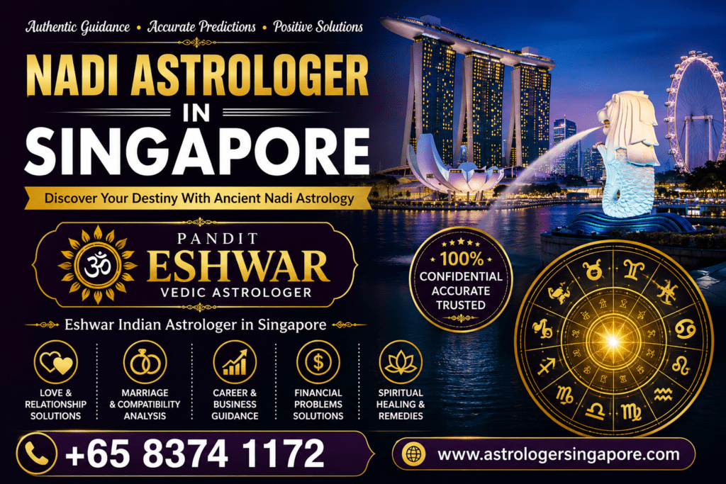 Authentic Nadi Astrologer in Singapore for Accurate Life Predictions If you are searching for a trusted Nadi Astrologer in Singapore, Pandit Eshwar is a respected name known for providing authentic Nadi and Vedic astrology consultations. Nadi Astrology is an ancient Indian system of astrology that reveals valuable insights about your past, present, and future based on sacred wisdom. Pandit Eshwar has years of experience helping people overcome life's challenges through accurate horoscope analysis and personalized spiritual guidance. Whether you are facing problems related to love, marriage, career, health, business, or finances, his consultations are designed to provide clarity and practical solutions. Every reading is conducted with complete confidentiality, ensuring that clients receive genuine guidance tailored to their individual birth chart and life circumstances. Personalized Nadi Astrology Solutions for Love, Marriage, and Career Pandit Eshwar offers comprehensive Nadi Astrology services to help individuals make confident decisions in every stage of life. His expertise includes love marriage guidance, relationship compatibility, career predictions, business astrology, family issues, education, financial growth, and health-related astrological guidance. By carefully analyzing your horoscope and planetary influences, he identifies obstacles that may be affecting your progress and recommends effective Vedic remedies. These remedies may include mantra chanting, spiritual poojas, gemstone recommendations, yantras, and other traditional practices aimed at bringing positivity, peace, and success. His personalized approach ensures that every consultation addresses your unique concerns with practical and meaningful guidance. Why Choose Pandit Eshwar as Your Nadi Astrologer in Singapore? Pandit Eshwar is recognized for his honest consultations, deep understanding of ancient astrology, and commitment to helping people improve their lives through spiritual wisdom. His predictions are based on authentic Nadi and Vedic astrology principles rather than guesswork, making his consultations reliable and insightful. Clients appreciate his compassionate nature, accurate horoscope readings, and practical solutions that help them overcome challenges and achieve their goals. Whether you need guidance for marriage, career growth, financial stability, business success, or family harmony, Pandit Eshwar provides trusted astrological advice with complete professionalism and confidentiality. His dedication to traditional astrology has earned him the trust of clients across Singapore. Book a Consultation with the Best Nadi Astrologer in Singapore If you are looking for genuine answers and spiritual guidance, Pandit Eshwar is here to help. His authentic Nadi Astrology consultations provide valuable insights into your destiny and help you make informed life decisions with confidence. Whether you are experiencing relationship difficulties, career uncertainty, financial challenges, or personal obstacles, his accurate horoscope readings and traditional remedies can help you move forward with positivity and peace of mind. Thousands of people trust Pandit Eshwar for reliable astrological guidance and effective spiritual solutions. Book your consultation today and experience the wisdom of ancient Nadi Astrology from one of the best Nadi Astrologers in Singapore.