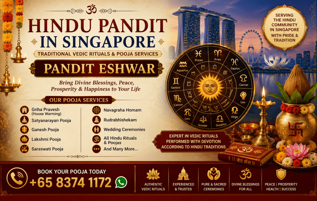 Hindu Pandit in Singapore – Trusted Vedic Priest Services by Pandit Eshwar Hindu Pandit in Singapore for Traditional Vedic Rituals and Ceremonies If you are looking for a Hindu Pandit in Singapore, Pandit Eshwar is a trusted Vedic priest offering authentic Hindu religious services for individuals, families, and communities. With extensive knowledge of Vedic scriptures, Sanskrit mantras, and Hindu traditions, Pandit Eshwar performs religious ceremonies with devotion, accuracy, and respect for ancient customs. Whether you require a Griha Pravesh (housewarming), Satyanarayan Pooja, Ganesh Pooja, Lakshmi Pooja, Navagraha Homam, Rudrabhishekam, marriage ceremony, baby naming ceremony, or other Hindu rituals, every pooja is conducted according to traditional Vedic practices. His goal is to help devotees receive divine blessings, peace, prosperity, and spiritual well-being through properly performed religious ceremonies. Personalized Hindu Pooja Services for Every Occasion Pandit Eshwar provides a wide range of Hindu priest services across Singapore, ensuring that every ceremony is customized to the family's traditions and spiritual requirements. He performs housewarming poojas, wedding ceremonies, engagement rituals, vehicle poojas, office inauguration poojas, Bhoomi Pooja, Ayush Homam, Navagraha Shanti Pooja, ancestor rituals, festival poojas, and temple ceremonies. Every ritual is conducted with sacred Vedic chants and proper procedures to create a spiritually uplifting atmosphere. Whether you are celebrating an auspicious occasion or seeking blessings before starting a new chapter in life, Pandit Eshwar ensures every ceremony is meaningful, peaceful, and spiritually enriching. Why Choose Pandit Eshwar as Your Hindu Pandit in Singapore? Pandit Eshwar is highly respected for his dedication, professionalism, and deep understanding of Hindu traditions. Families across Singapore trust him because he performs every ritual with sincerity, precision, and complete devotion. He takes time to explain the significance of each ceremony, allowing families to understand the spiritual importance behind every ritual. His friendly nature, punctual service, and personalized approach make him a preferred Hindu Pandit in Singapore for religious ceremonies of all sizes. Whether you require a simple home pooja or a large religious function, Pandit Eshwar is committed to preserving authentic Vedic traditions while ensuring a smooth and memorable spiritual experience. Book Your Hindu Pandit in Singapore Today If you are searching for an experienced Hindu Pandit in Singapore, Pandit Eshwar is dedicated to serving the Hindu community with authentic Vedic rituals and personalized religious services. From housewarming ceremonies and weddings to festival poojas, homams, and family rituals, he performs every ceremony with devotion and traditional accuracy. His commitment to preserving Hindu culture and delivering meaningful spiritual experiences has earned the trust of many families throughout Singapore. Book your pooja with Pandit Eshwar today and receive divine blessings for health, happiness, prosperity, and success through authentic Vedic ceremonies.