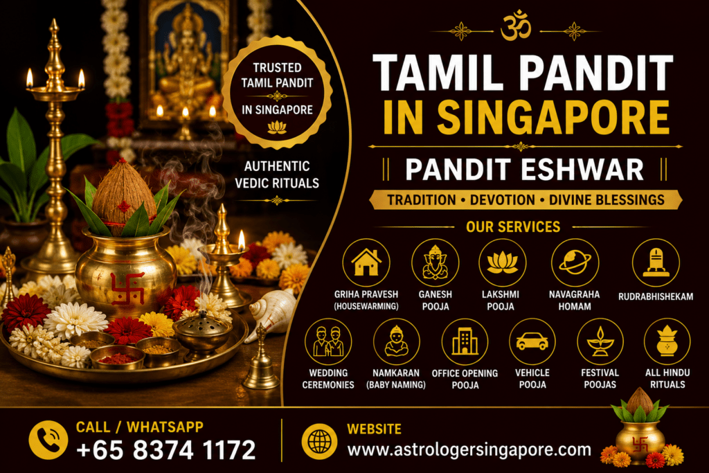 Tamil Pandit in Singapore – Trusted Vedic Priest Services by Pandit Eshwar Trusted Tamil Pandit in Singapore for Traditional Hindu Rituals If you are looking for a reliable Tamil Pandit in Singapore, Pandit Eshwar provides authentic Vedic priest services for all Hindu religious ceremonies and spiritual rituals. With extensive knowledge of Tamil traditions and Vedic scriptures, he performs every pooja with devotion, precision, and respect for ancient customs. Whether you need a priest for a housewarming ceremony, wedding, temple pooja, or family ritual, Pandit Eshwar ensures that every ceremony is conducted according to traditional Tamil Hindu practices. His services are designed to bring peace, prosperity, happiness, and divine blessings to individuals and families across Singapore. Complete Tamil Pandit Services in Singapore Pandit Eshwar offers a wide range of Tamil Hindu religious services for homes, temples, and businesses. His services include Griha Pravesh (Housewarming Pooja), Ganesh Pooja, Lakshmi Pooja, Satyanarayan Pooja, Navagraha Homam, Rudrabhishekam, Ayush Homam, Bhoomi Pooja, Wedding Ceremonies, Engagement Ceremonies, Baby Naming Ceremony (Namkaran), Office Opening Pooja, Vehicle Pooja, Festival Poojas, and all Hindu Rituals. Every ceremony is performed using traditional Sanskrit and Tamil mantras with proper Vedic procedures, ensuring a meaningful and spiritually fulfilling experience for devotees. Why Choose Pandit Eshwar as Your Tamil Pandit in Singapore? Pandit Eshwar is known for his professionalism, deep understanding of Vedic traditions, and dedication to serving the Hindu community in Singapore. He provides personalized guidance and performs every ritual with sincerity, ensuring that all religious customs are followed correctly. Families trust him because of his punctuality, respectful approach, and ability to explain the significance of each ceremony. Whether you require a simple family pooja or a grand wedding ceremony, Pandit Eshwar performs every ritual with devotion and attention to detail, helping devotees receive blessings for health, harmony, success, and prosperity. Book a Tamil Pandit in Singapore Today If you are searching for an experienced Tamil Pandit in Singapore, Pandit Eshwar is committed to preserving Hindu traditions through authentic Vedic rituals and personalized spiritual services. His years of experience, traditional knowledge, and dedication have made him a trusted choice for Tamil families throughout Singapore. Whether you need a pooja for your home, business, wedding, or any special occasion, Pandit Eshwar is ready to assist you with genuine Vedic priest services. Contact Pandit Eshwar today to book your pooja and experience traditional Hindu rituals performed with devotion and care.