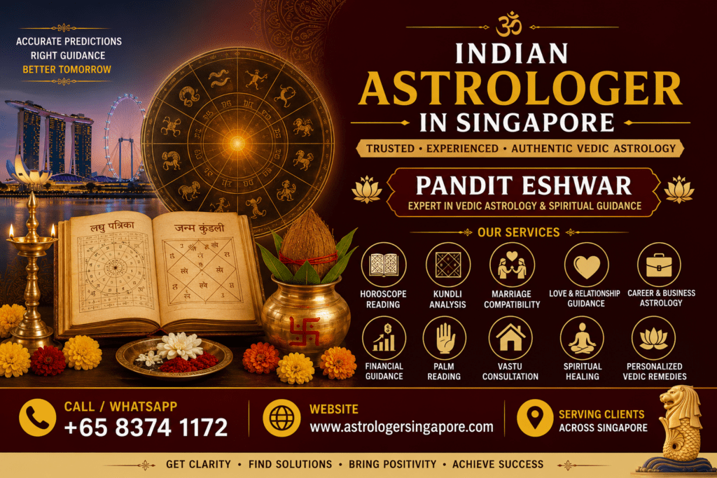 Indian Astrologer in Singapore – Trusted Vedic Astrology by Pandit Eshwar Trusted Indian Astrologer in Singapore for Accurate Horoscope Reading If you are searching for a reliable Indian Astrologer in Singapore, Pandit Eshwar offers authentic Vedic astrology consultations based on traditional Indian astrological principles. Vedic astrology has deep roots in Indian culture and continues to be widely practiced by many people in Singapore for guidance on marriage, career, business, family, and important life decisions. With years of experience, Pandit Eshwar provides personalized horoscope analysis, birth chart interpretation, and spiritual guidance to help clients gain clarity and confidence. Every consultation is conducted with professionalism, confidentiality, and respect for traditional Vedic practices. Complete Indian Astrology Services in Singapore Pandit Eshwar provides a wide range of astrology services tailored to individual needs. His services include Horoscope Reading, Kundli Analysis, Marriage Compatibility (Kundli Matching), Love and Relationship Guidance, Career Astrology, Business Astrology, Financial Guidance, Health Astrology, Child Astrology, Palm Reading, Spiritual Healing, Vastu Consultation, and Personalized Vedic Remedies. Every consultation is based on a detailed birth chart analysis to provide practical insights and traditional guidance for different aspects of life. Why Choose Pandit Eshwar as Your Indian Astrologer in Singapore? Pandit Eshwar is known for his extensive knowledge of Vedic astrology, honest consultations, and personalized approach. His guidance is based on careful horoscope analysis and traditional astrological methods rather than generalized predictions. Whether you are seeking advice for relationships, marriage, education, career growth, business decisions, finances, or family harmony, he provides thoughtful consultations designed to help you make informed decisions. His commitment to authentic Vedic astrology has made him a trusted choice for many clients seeking spiritual guidance in Singapore. Book Your Indian Astrology Consultation Today If you are looking for an experienced Indian Astrologer in Singapore, Pandit Eshwar is dedicated to helping you achieve clarity, peace, and confidence through authentic Vedic astrology. His personalized consultations, practical guidance, and traditional remedies have helped many individuals and families navigate important life decisions. Whether you need support for love, marriage, career, business, finances, or personal growth, Pandit Eshwar provides professional astrology consultations tailored to your unique life journey. Meta Title Indian Astrologer in Singapore | Pandit Eshwar | Trusted Vedic Astrology Expert Meta Description Looking for a trusted Indian Astrologer in Singapore? Consult Pandit Eshwar for horoscope reading, Kundli analysis, Vedic astrology, marriage compatibility, career guidance, business astrology, and spiritual consultations. Facebook Description 🕉️ Indian Astrologer in Singapore – Trusted Vedic Astrology by Pandit Eshwar ✨ Looking for an experienced Indian Astrologer in Singapore? Pandit Eshwar offers authentic Vedic astrology consultations to help you gain clarity and guidance for every stage of life. ✨ Our Astrology Services: 🔹 Horoscope Reading 🔹 Kundli Analysis 🔹 Marriage Compatibility (Kundli Matching) 🔹 Love & Relationship Guidance 🔹 Career & Business Astrology 🔹 Financial Guidance 🔹 Palm Reading 🔹 Spiritual Healing 🔹 Vastu Consultation 🔹 Personalized Vedic Remedies Receive confidential and personalized guidance based on authentic Vedic astrology traditions. 📞 Call / WhatsApp: +65 8374 1172 🌐 Website: www.astrologersingapore.com 📍 Serving clients across Singapore