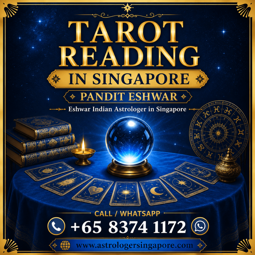 Tarot Reading in Singapore – Professional Guidance by Pandit Eshwar Trusted Tarot Reading in Singapore If you are looking for professional Tarot Reading in Singapore, Pandit Eshwar offers personalized tarot card consultations to help you gain clarity and confidence in life's important decisions. Tarot reading is a traditional practice that uses symbolic cards to encourage reflection and provide meaningful guidance for different aspects of life. Whether you have questions about love, relationships, marriage, career, business, finances, family, or personal growth, Pandit Eshwar provides thoughtful consultations in a confidential and supportive environment. Every reading is tailored to your individual circumstances and can be combined with Vedic astrology for a more comprehensive understanding of your life path. With years of experience in astrology and spiritual guidance, Pandit Eshwar helps clients explore their options, understand current situations, and approach the future with greater confidence. Each consultation is conducted with professionalism, honesty, and respect for traditional spiritual practices, ensuring every client receives personalized guidance suited to their unique journey. Personalized Tarot Card Reading for Love, Career, and Life Guidance Tarot reading can provide valuable insights into many areas of life and help you reflect on important decisions. Pandit Eshwar offers a wide range of services, including Tarot Reading, Horoscope Reading, Birth Chart (Kundli) Analysis, Love & Relationship Guidance, Marriage Compatibility, Career & Business Guidance, Financial Guidance, Family Guidance, Spiritual Healing, Palm Reading, Vastu Consultation, Nadi Astrology, and Personalized Vedic Remedies. Every tarot consultation is designed to help you understand your current circumstances and identify possible opportunities for personal and professional growth. Whether you are facing career changes, relationship concerns, family matters, or important life choices, personalized tarot guidance can provide a fresh perspective while complementing traditional Vedic astrology. Every session is confidential and focused on helping you make thoughtful, informed decisions based on your individual needs. Why Choose Pandit Eshwar for Tarot Reading in Singapore? Pandit Eshwar is known as a trusted Tarot Reader in Singapore because of his experience, personalized approach, and commitment to authentic spiritual guidance. Rather than making unrealistic promises or guaranteeing specific outcomes, he provides careful interpretations based on tarot symbolism and traditional Vedic astrology. His goal is to help clients gain clarity, confidence, and a deeper understanding of the choices before them. Thousands of people seek tarot consultations to better understand their relationships, career opportunities, business decisions, financial planning, and personal development. If you are searching for reliable Tarot Reading in Singapore, Pandit Eshwar offers professional consultations that combine traditional wisdom with compassionate guidance. Contact Pandit Eshwar today to schedule your personalized tarot reading and discover meaningful insights that can help you move forward with confidence and peace of mind. Meta Title Tarot Reading in Singapore | Pandit Eshwar | Professional Tarot Card Reader Meta Description Looking for Tarot Reading in Singapore? Consult Pandit Eshwar for professional tarot card reading, horoscope guidance, Vedic astrology, love, marriage, career, business, and personalized spiritual consultations.