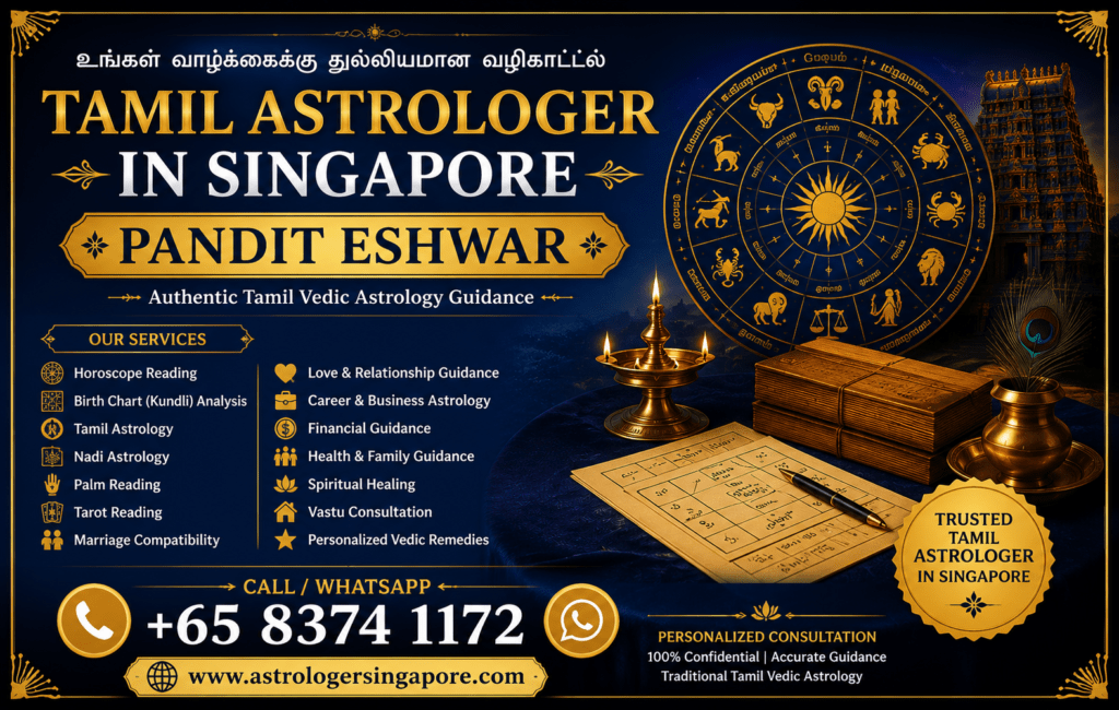 Tamil Astrologer in Singapore – Trusted Vedic Astrology by Pandit Eshwar Trusted Tamil Astrologer in Singapore for Accurate Vedic Guidance If you are looking for a trusted Tamil Astrologer in Singapore, Pandit Eshwar offers authentic Vedic astrology consultations rooted in traditional Tamil astrological practices. With years of experience, he provides personalized guidance to help individuals and families make informed decisions about important areas of life, including love, marriage, career, business, education, finances, and family relationships. Every consultation begins with a detailed analysis of your birth chart (Kundli), allowing Pandit Eshwar to offer guidance based on traditional Vedic principles rather than general predictions. Whether you are facing personal challenges, planning your future, or seeking greater clarity, his consultations are tailored to your unique circumstances. Clients across Singapore appreciate his professional approach, confidential consultations, and commitment to providing thoughtful spiritual guidance that respects both tradition and individual needs. Comprehensive Tamil Astrology Services in Singapore Pandit Eshwar provides a wide range of astrology and spiritual consultation services designed to address different aspects of life. His services include Horoscope Reading, Birth Chart (Kundli) Analysis, Tamil Astrology, Nadi Astrology, Palm Reading, Tarot Reading, Marriage Compatibility, Love & Relationship Guidance, Career & Business Astrology, Financial Guidance, Health & Family Guidance, Spiritual Healing, Vastu Consultation, and Personalized Vedic Remedies. Every consultation is personalized according to your birth details and individual goals. Traditional Tamil astrology can help you better understand planetary influences, identify strengths and opportunities, and make confident decisions about your future. Whether you are planning marriage, starting a new business, considering a career change, or seeking guidance for family matters, Pandit Eshwar combines authentic Tamil astrological knowledge with practical insights to help you move forward with confidence. His consultations are suitable for individuals, couples, and families who value personalized guidance based on traditional Indian astrology. Why Choose Pandit Eshwar as Your Tamil Astrologer in Singapore? Pandit Eshwar is recognized as one of the trusted names for Tamil Astrology in Singapore because of his experience, honesty, and personalized approach. Every horoscope is carefully analyzed using authentic Tamil and Vedic astrology methods, ensuring that each client receives guidance that reflects their unique birth chart and circumstances. Rather than making unrealistic promises or guaranteeing future events, he focuses on helping clients understand their options, recognize opportunities, and approach life's challenges with confidence. His client-focused consultations emphasize clarity, professionalism, and respect for traditional spiritual practices. If you are searching for an experienced Tamil Astrologer in Singapore, Pandit Eshwar offers reliable astrology consultations designed to support your personal growth and informed decision-making. Contact Pandit Eshwar today to book your consultation and experience authentic Tamil Vedic astrology services in Singapore.