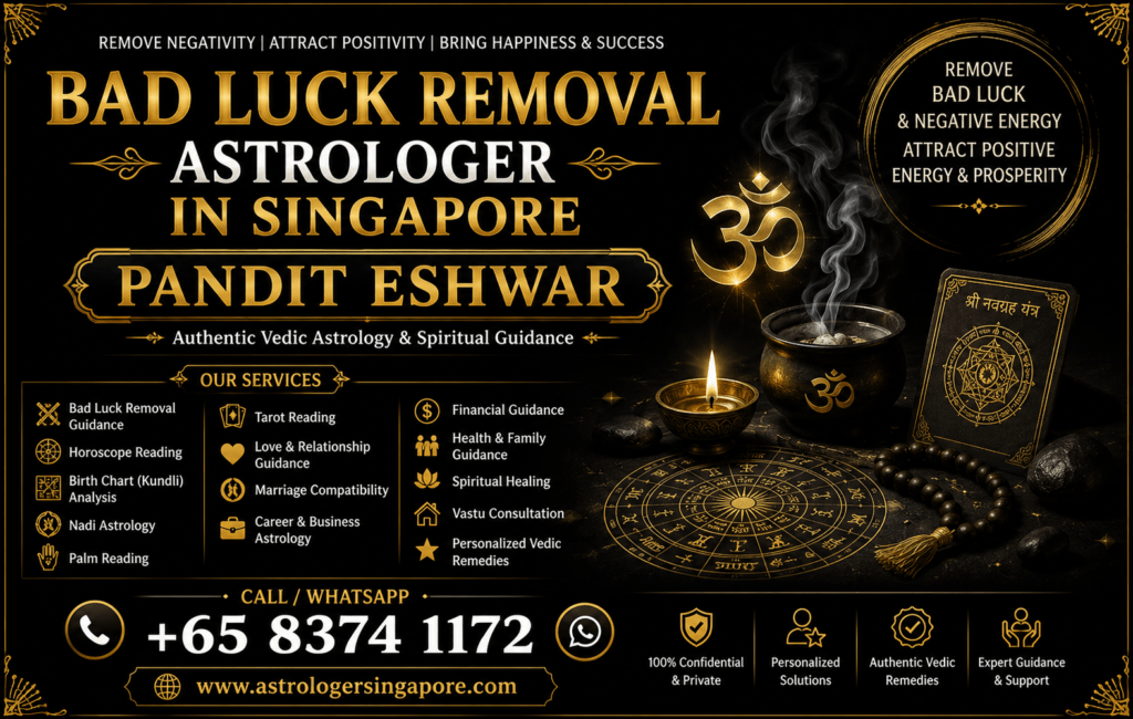 Bad Luck Removal Astrologer in Singapore – Trusted Vedic Guidance by Pandit Eshwar Professional Bad Luck Removal Astrologer in Singapore If you are looking for a trusted Bad Luck Removal Astrologer in Singapore, Pandit Eshwar offers authentic Vedic astrology consultations and traditional spiritual guidance to help you better understand life's challenges. Many people seek astrological advice during periods of uncertainty involving relationships, career, business, finances, or family matters. Through detailed horoscope analysis and traditional Vedic practices, Pandit Eshwar provides personalized guidance based on your birth chart, helping you identify astrological influences and explore suitable Vedic remedies. Every consultation is conducted with complete confidentiality, professionalism, and respect for traditional Indian astrology. Personalized Vedic Astrology and Spiritual Guidance Pandit Eshwar offers a wide range of astrology services tailored to your individual needs. His services include Bad Luck Removal Guidance, Horoscope Reading, Birth Chart (Kundli) Analysis, Nadi Astrology, Palm Reading, Tarot Reading, Love & Relationship Guidance, Marriage Compatibility, Career & Business Astrology, Financial Guidance, Health & Family Guidance, Spiritual Healing, Vastu Consultation, and Personalized Vedic Remedies. Each consultation is based on careful horoscope analysis and traditional Vedic principles. Rather than guaranteeing specific outcomes, Pandit Eshwar helps clients understand planetary influences and recommends traditional spiritual practices that may support personal growth, positivity, and confidence. Why Choose Pandit Eshwar for Bad Luck Removal Guidance in Singapore? Pandit Eshwar is known for his experience, honesty, and personalized approach to Vedic astrology. Every consultation is tailored to the individual's birth chart and unique life circumstances. Whether you are experiencing repeated obstacles in your career, business, relationships, marriage, finances, or personal life, his consultations are designed to provide thoughtful guidance and practical Vedic recommendations. If you are searching for a reliable Bad Luck Removal Astrologer in Singapore, Pandit Eshwar offers authentic Vedic astrology consultations to help you move forward with greater clarity and confidence. Contact Pandit Eshwar today to schedule your personalized consultation.