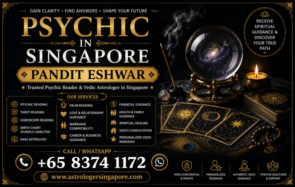 Psychic in Singapore – Trusted Spiritual Guidance by Pandit Eshwar Professional Psychic in Singapore If you are looking for a trusted Psychic in Singapore, Pandit Eshwar offers professional spiritual consultations combined with authentic Vedic astrology to help you gain clarity and confidence in life's important decisions. Many people seek psychic guidance when they face uncertainty in relationships, career, business, finances, family matters, or personal growth. Through personalized consultations, horoscope analysis, and traditional spiritual practices, Pandit Eshwar provides thoughtful guidance tailored to your unique circumstances. Every consultation is conducted with complete confidentiality, professionalism, and respect, helping clients better understand their life journey and make informed decisions. Personalized Psychic Reading and Spiritual Consultation Pandit Eshwar offers a wide range of spiritual and astrology services designed to support individuals seeking clarity and guidance. His services include Psychic Reading, Horoscope Reading, Birth Chart (Kundli) Analysis, Nadi Astrology, Palm Reading, Tarot Reading, Love & Relationship Guidance, Marriage Compatibility, Career & Business Astrology, Financial Guidance, Health & Family Guidance, Spiritual Healing, Vastu Consultation, and Personalized Vedic Remedies. Each consultation is personalized according to your birth details and life circumstances. By combining traditional Vedic astrology with intuitive spiritual guidance, Pandit Eshwar helps clients explore opportunities, understand challenges, and approach the future with greater confidence and peace of mind. Why Choose Pandit Eshwar for Psychic Reading in Singapore? Pandit Eshwar is known for his experience, integrity, and personalized approach to spiritual guidance. Every consultation is focused on understanding the client's individual situation rather than offering generalized advice. His guidance is rooted in authentic Vedic astrology and traditional spiritual practices, providing meaningful insights while avoiding unrealistic promises or guarantees. Whether you are seeking direction for your career, relationships, marriage, business, finances, or family life, Pandit Eshwar offers compassionate consultations designed to help you make thoughtful decisions. His client-focused approach and years of experience have made him a trusted choice for individuals seeking psychic guidance in Singapore. Book Your Psychic Consultation in Singapore Today If you are searching for a reliable Psychic in Singapore, Pandit Eshwar is dedicated to providing authentic spiritual consultations that support personal growth and informed decision-making. His personalized psychic readings, Vedic astrology consultations, and spiritual guidance have helped many individuals gain clarity and confidence during important stages of life. Whether you are looking for insight into love, marriage, career, business, finances, or personal development, Pandit Eshwar offers professional consultations tailored to your unique journey. Contact Pandit Eshwar today to schedule your consultation and experience trusted psychic reading and Vedic astrology services in Singapore.