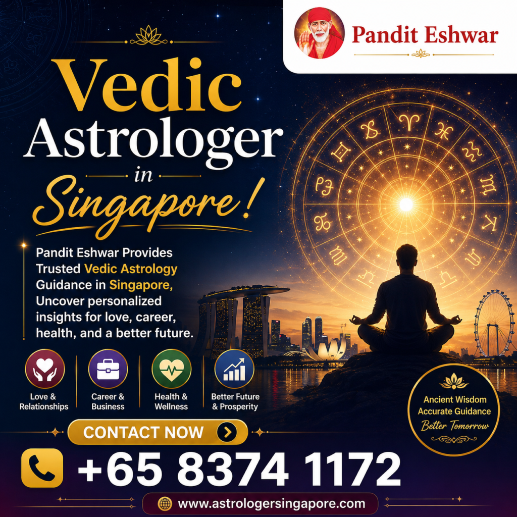 Indian Vedic Astrologer in Singapore – Trusted Vedic Astrology Guidance by Pandit Eshwar Are you searching for the best Indian Vedic Astrologer in Singapore who can provide accurate guidance for your personal and professional life? Pandit Eshwar is a trusted Indian Vedic Astrologer in Singapore, offering authentic Vedic astrology consultations based on ancient Hindu astrology principles. With years of experience and deep knowledge of Vedic scriptures, Pandit Eshwar has helped thousands of people find clarity, confidence, and positive direction through accurate horoscope analysis and personalized astrological solutions. If you are facing challenges in love, marriage, career, business, finance, health, or family life, consulting an experienced Vedic astrologer in Singapore can help you understand the planetary influences affecting your life. Using traditional Vedic astrology methods, Pandit Eshwar provides genuine guidance that helps clients make informed decisions and overcome life's obstacles. Best Indian Vedic Astrologer in Singapore Choosing the best Indian Vedic Astrologer in Singapore means choosing someone who combines traditional wisdom with years of practical experience. Pandit Eshwar specializes in providing personalized astrology consultations based on your birth chart (Janam Kundli). Every horoscope is unique, and every recommendation is tailored according to your planetary positions. Whether you are looking for answers about your future, career growth, marriage compatibility, or financial success, Pandit Eshwar offers reliable predictions and effective astrological guidance. Many clients across Singapore trust Pandit Eshwar because of his accurate readings, honest advice, and commitment to helping people improve their lives through authentic Vedic astrology. Trusted Vedic Astrology Services in Singapore Pandit Eshwar provides a complete range of Vedic astrology services in Singapore for individuals, families, professionals, and business owners. His consultations focus on identifying the root cause of problems and recommending suitable astrological remedies. Love and Relationship Astrology Love relationships often face misunderstandings, delays, or compatibility issues. As an experienced Indian astrologer in Singapore, Pandit Eshwar helps clients understand relationship challenges through horoscope analysis. His services include: Love compatibility analysis Marriage prediction Relationship guidance Breakup solutions Love marriage consultation Family relationship guidance Many people searching for the best astrologer for love problems in Singapore choose Pandit Eshwar for trusted guidance and practical solutions. Career and Business Astrology Career uncertainty, job changes, promotions, and business decisions are important milestones in life. A professional Vedic astrologer in Singapore can help identify favorable periods for career growth and business expansion. Pandit Eshwar provides guidance for: Career growth Job opportunities Overseas employment Business success Financial planning Professional development Startup guidance Business partnerships Using authentic Vedic astrology techniques, he helps clients make confident career decisions and improve financial stability. Health and Wellness Astrology Health is one of life's greatest blessings. Planetary influences can sometimes indicate stress, emotional imbalance, or recurring health concerns.
