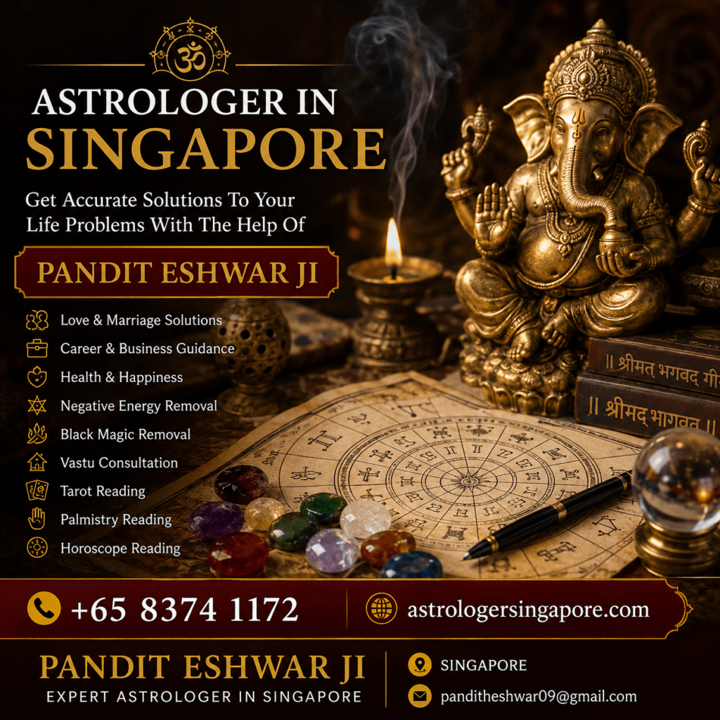 # Famous Astrologer in Singapore – Pandit Eshwar ## Famous Astrologer in Singapore Pandit Eshwar is a well-known astrologer offering traditional astrology guidance in Singapore for individuals and families seeking clarity about different areas of life. As an experienced **astrologer in Singapore**, Pandit Eshwar provides personalized consultations based on traditional Indian astrology principles. People commonly consult an astrologer for guidance related to marriage, love relationships, career, business, family matters, horoscope reading, and important life decisions. If you are searching online for a **famous astrologer in Singapore**, **best astrologer in Singapore**, or **trusted astrologer in Singapore**, Pandit Eshwar offers personalized consultations designed around each person's birth details and individual concerns. His approach focuses on understanding the client's situation and explaining traditional astrological interpretations in a simple and practical manner. Astrology can be considered a traditional form of guidance and should be used alongside personal judgment and professional advice when appropriate. ## Vedic and Tamil Astrologer in Singapore Pandit Eshwar provides **Vedic astrology in Singapore** and traditional **Tamil astrology in Singapore** for clients looking for personalized horoscope guidance. Vedic astrology uses birth details and planetary positions to interpret different aspects of life, while Tamil astrology is traditionally followed by many Tamil families for horoscope matching, marriage, family matters, career, and other important occasions. People searching for an **Indian astrologer in Singapore**, **Tamil astrologer in Singapore**, or **Vedic astrologer in Singapore** can contact Pandit Eshwar to discuss their requirements. Horoscope reading can provide a traditional perspective on planetary influences, personal strengths, important periods, and potential challenges. Marriage horoscope matching is another common reason families consult an astrologer, particularly when they want to understand compatibility between two birth charts. Pandit Eshwar also provides guidance related to career, business, relationships, and personal planning based on the individual's horoscope and consultation requirements. ## Astrology Services and Personalized Guidance People searching for an **astrologer in Singapore** may have different reasons for seeking a consultation. Pandit Eshwar offers services including horoscope reading, Vedic astrology, Tamil astrology, Nadi astrology, marriage compatibility, love and relationship astrology, career astrology, business astrology, and tarot reading. Clients can discuss their specific concerns and receive a consultation based on the information they provide. For those interested in **Nadi astrology in Singapore**, this traditional Indian system may provide another approach to understanding personal questions and life circumstances. Similarly, people looking for **tarot reading in Singapore** may choose a tarot consultation for personal reflection and guidance. The consultation process should be transparent, respectful, and confidential. Rather than making unrealistic promises, a responsible astrology consultation should help people understand the traditional interpretation being provided and make their own informed decisions. This personalized approach is especially useful for clients who want guidance that relates directly to their circumstances rather than a general horoscope. ## Contact Pandit Eshwar – Astrologer in Singapore If you are looking for a **famous astrologer in Singapore**, Pandit Eshwar offers traditional Indian astrology consultations for clients across Singapore. Whether you are searching for the **best astrologer in Singapore**, a **Tamil astrologer in Singapore**, an **Indian astrologer in Singapore**, a **Vedic astrologer in Singapore**, or a **Nadi astrologer in Singapore**, you can contact Pandit Eshwar to discuss the type of consultation you need. His services can be considered by individuals seeking traditional guidance regarding marriage, relationships, career, business, family, horoscope reading, and other personal matters. For consultation enquiries, contact Pandit Eshwar Ji at **+65 8374 1172** or email **[panditheshwar09@gmail.com](mailto:panditheshwar09@gmail.com)**. Services are available in Singapore, with consultation options depending on individual requirements. For more information, visit **astrologersingapore.com** and explore the available astrology services. Choosing an astrologer is a personal decision, so clients should consider experience, transparency, communication, and the type of astrology practice offered before booking a consultation.